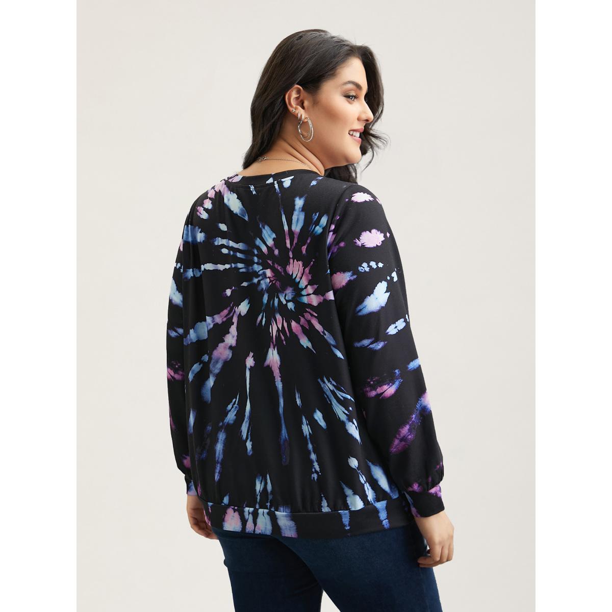 Plus Size Tie-Dye Stretchy Crew Neck Sweatshirt Women Black Casual Contrast Round Neck Everyday Sweatshirts BloomChic 14-16/1X Product Image