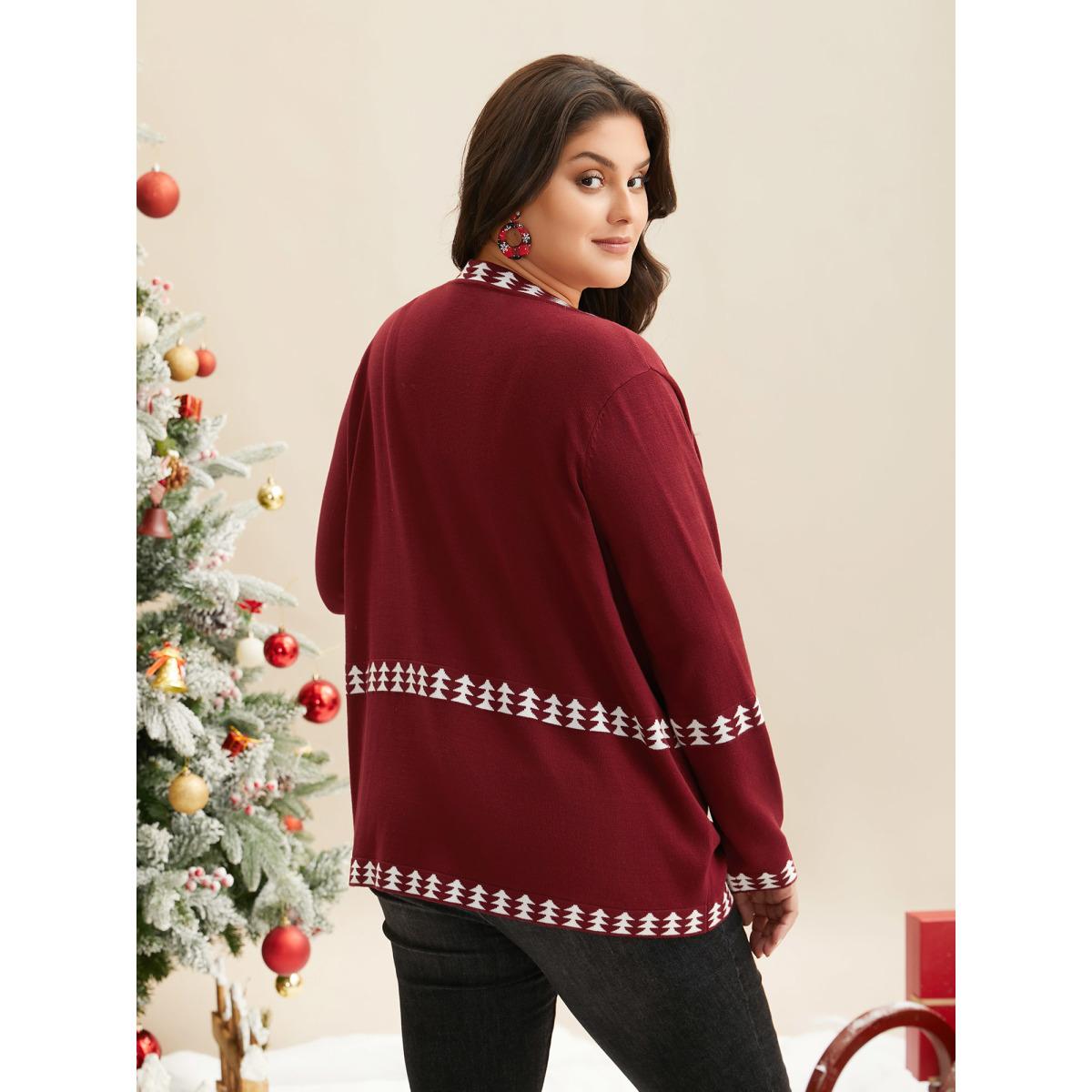 Plus Size Holiday Pattern Hem Lapel Collar Knit Cardigan Burgundy Women Casual Loose Long Sleeve Everyday Cardigans BloomChic 14-16/1X Product Image