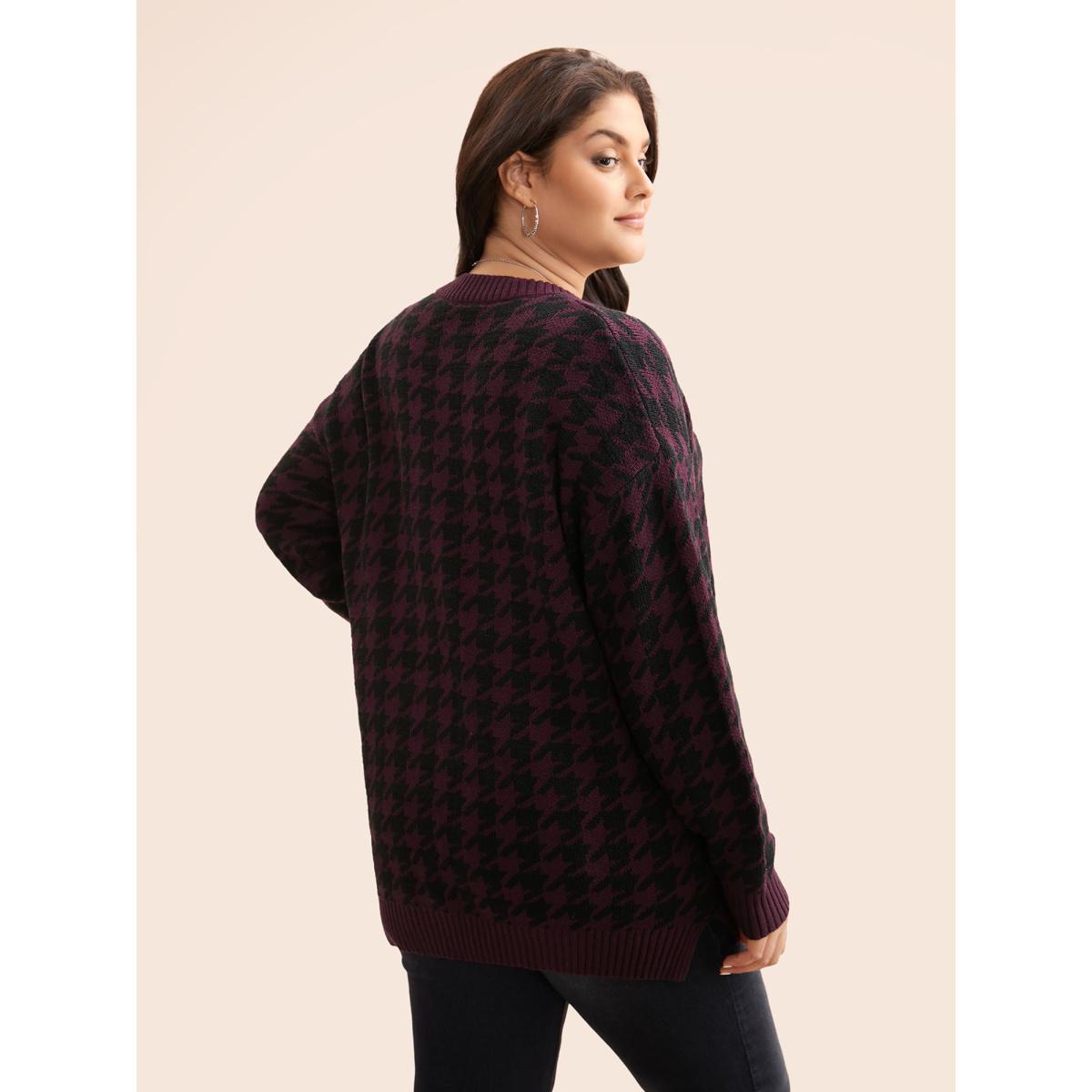 Plus Size V Neck Houndstooth Drop Shoulder Pullover Plum Women Casual Loose Long Sleeve V-neck Everyday Pullovers BloomChic 26/4X Product Image