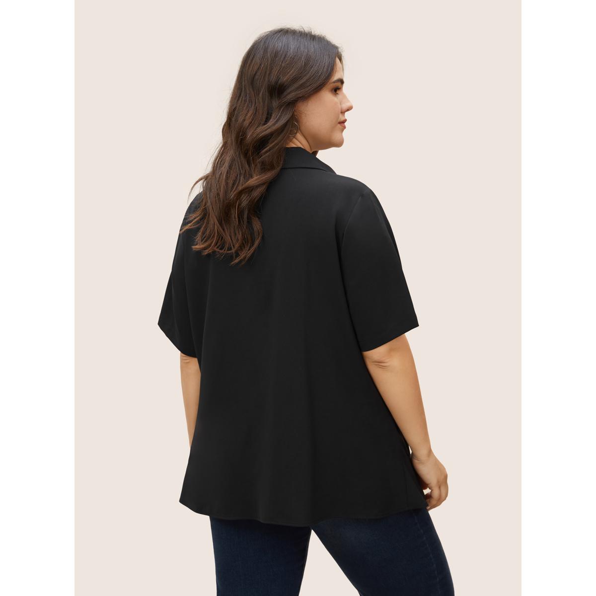 Plus Size Black Plain Tie Knot Stretchy Woven Pleated Blouse Women Work From Home Short sleeve Shirt collar Work Blouses BloomChic 18-20/2X Product Image