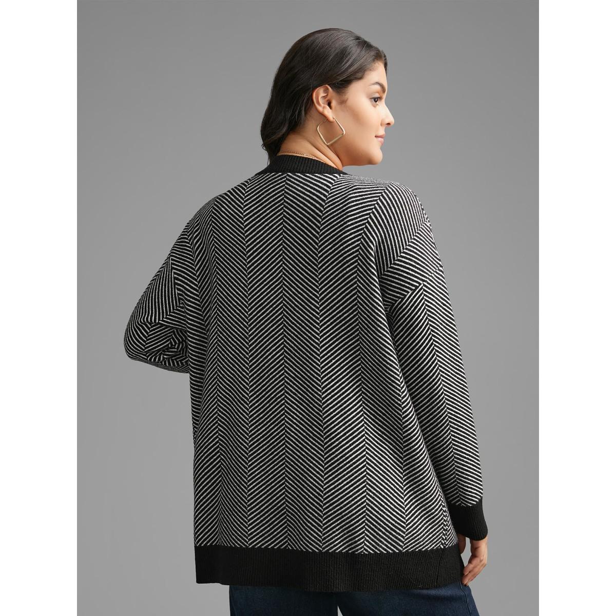 Plus Size Supersoft Essentials Striped Patch Pocket Cardigan Black Women Casual Loose Long Sleeve Everyday Cardigans BloomChic 30/6X Product Image