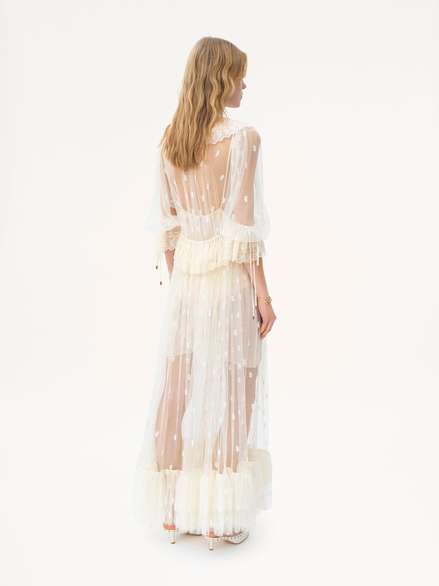 Gathered V-neck long dress in embroidered lace Product Image