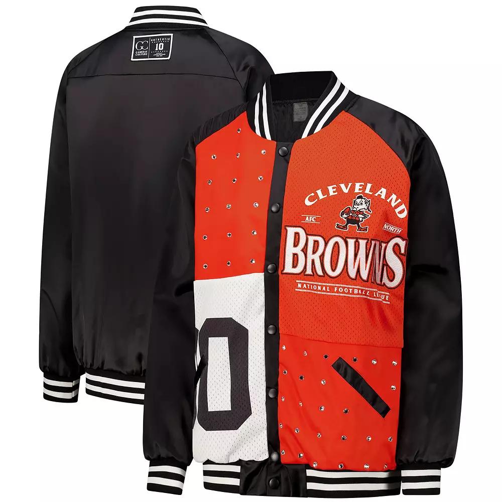 Womens Gameday Couture /Orange Cleveland Browns Oversized Hot Shot Rhinestone Throwback Full-Snap Varsity Bomber Jacket Product Image