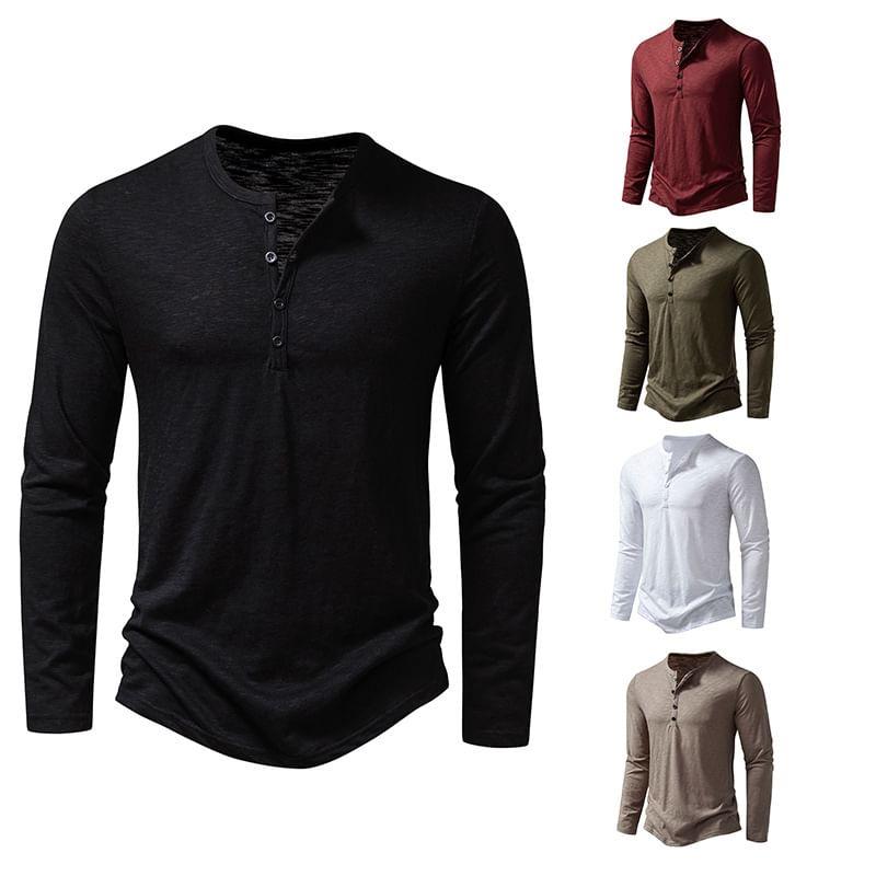 Long Sleeve Henley Plain T-Shirt Product Image