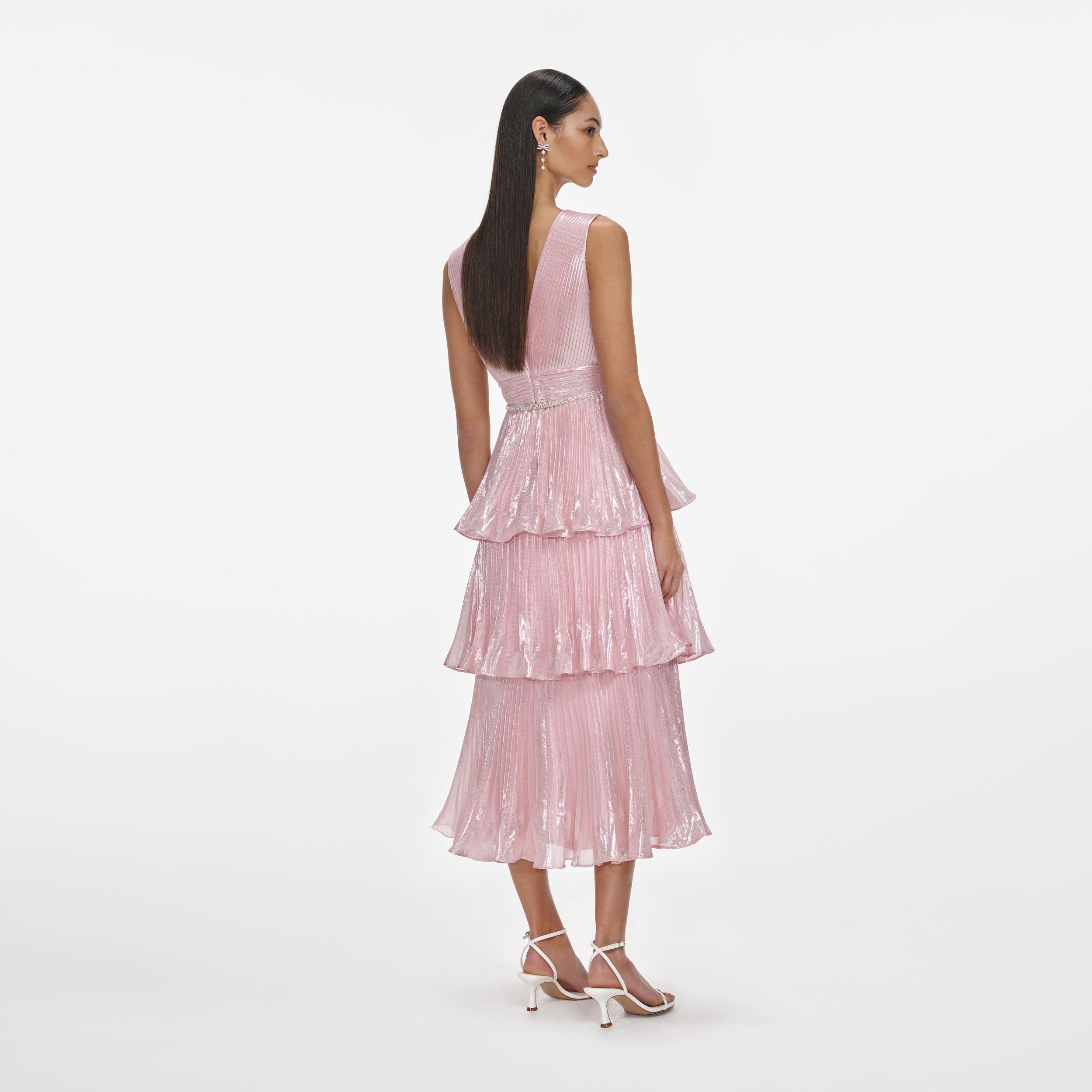 Pink Metallic Tiered Midi Dress Product Image