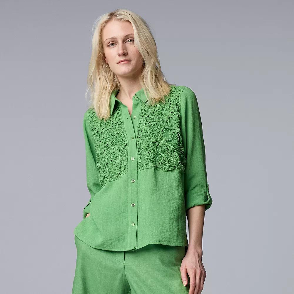 Women's Simply Vera Vera Wang Linen Crochet Shirt, Size: Large, Autumn Fern Product Image