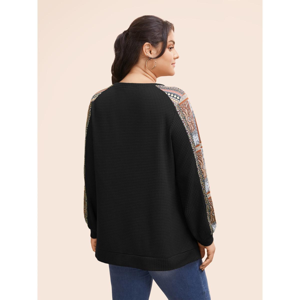 Plus Size Boho Print Patchwork Waffle Knit Crew Neck Sweatshirt Women Black Leisure Elastic cuffs Round Neck Casual Sweatshirts BloomChic 10/M Product Image