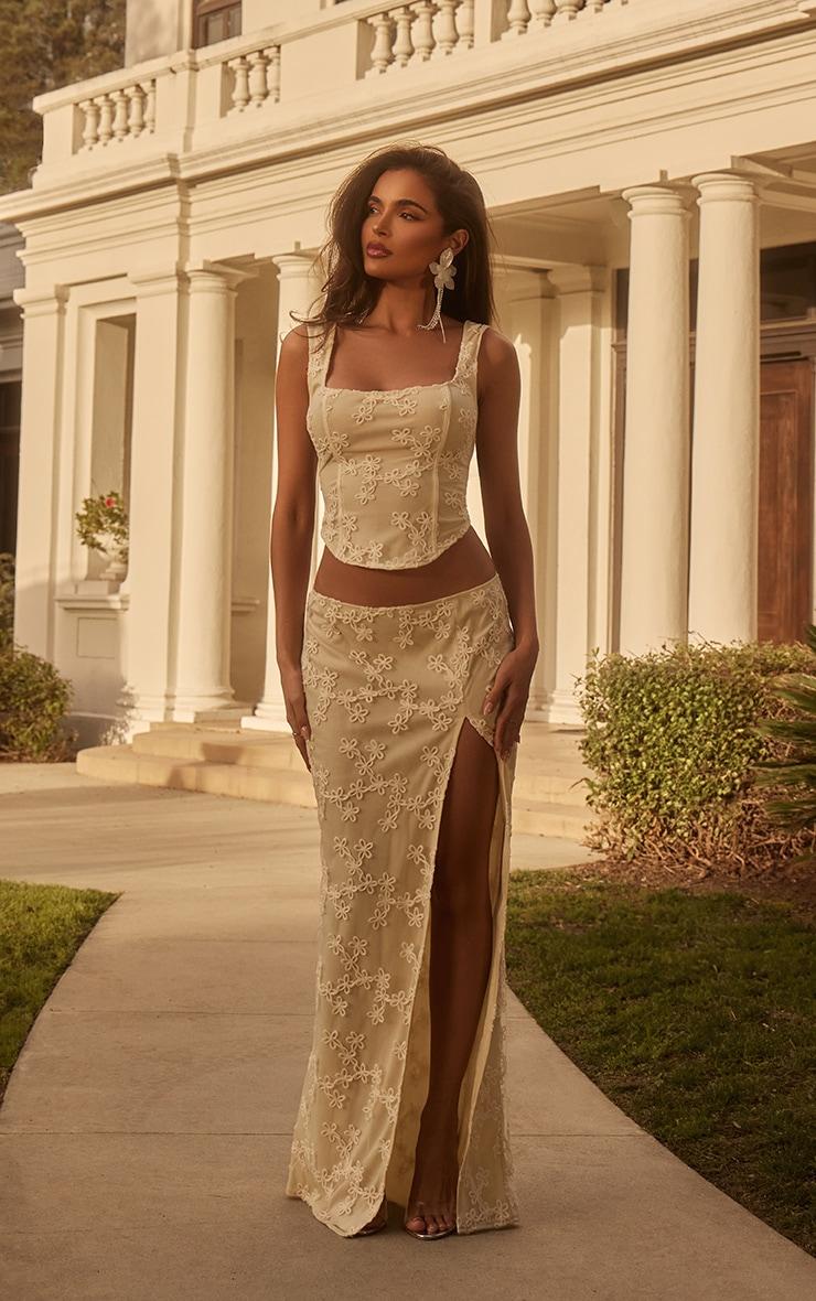 Cream Floral Textured Thigh High Split Maxi Skirt Product Image