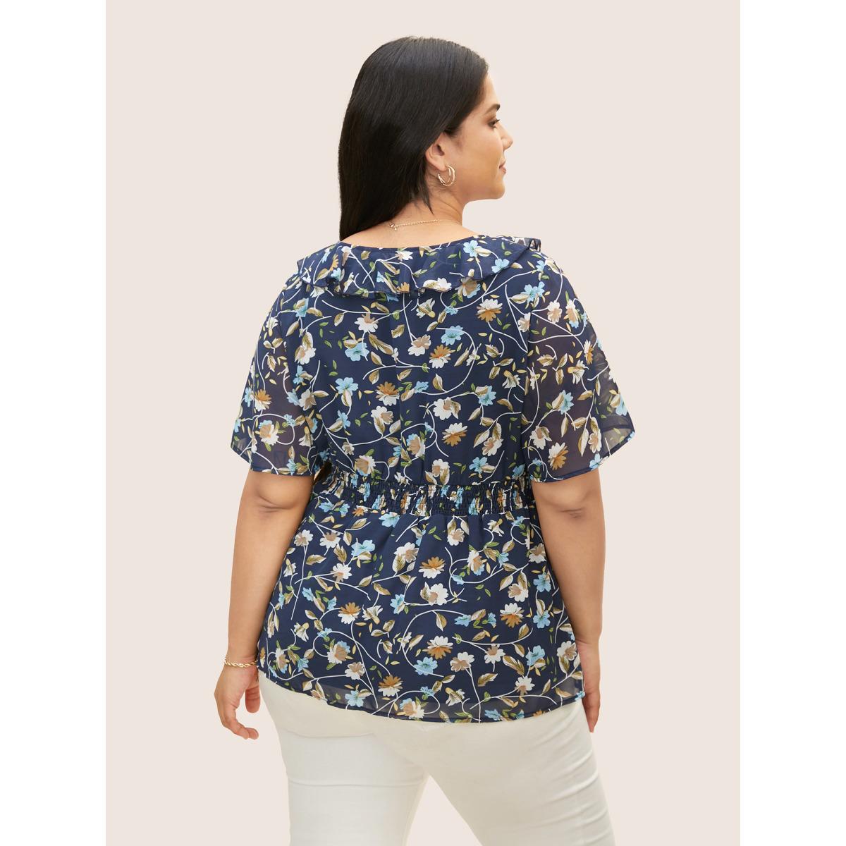 Plus Size Midnight Round Neck Floral Ruffles Shirred Blouse Women Elegant Short sleeve Round Neck Everyday Blouses BloomChic 30/6X Product Image