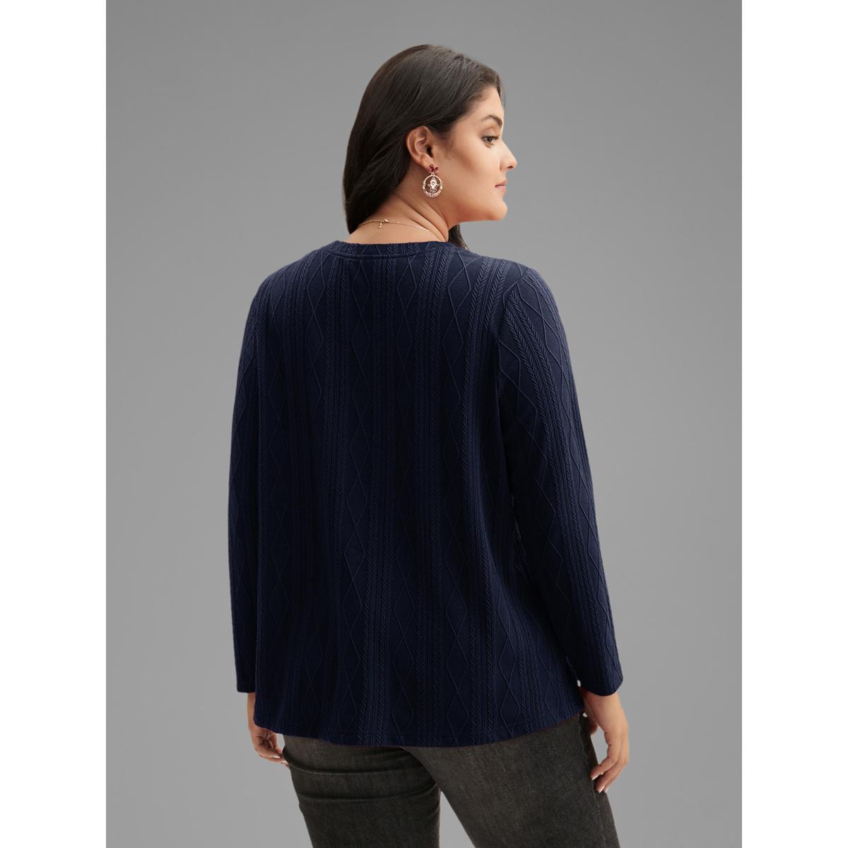 Plus Size V-neck Cable Knit Slim-Fit Tee Indigo Women Casual Texture V-neck Everyday T-shirts BloomChic 18-20/2X Product Image