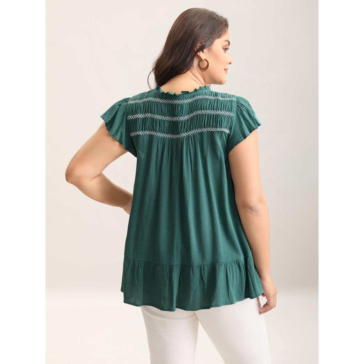 Plus Size Teal Rayon Shirred Neck Flutter Sleeve Tiered Blouse Women Cap Sleeve Round Neck Vacation Blouses BloomChic 18-20/2X Product Image