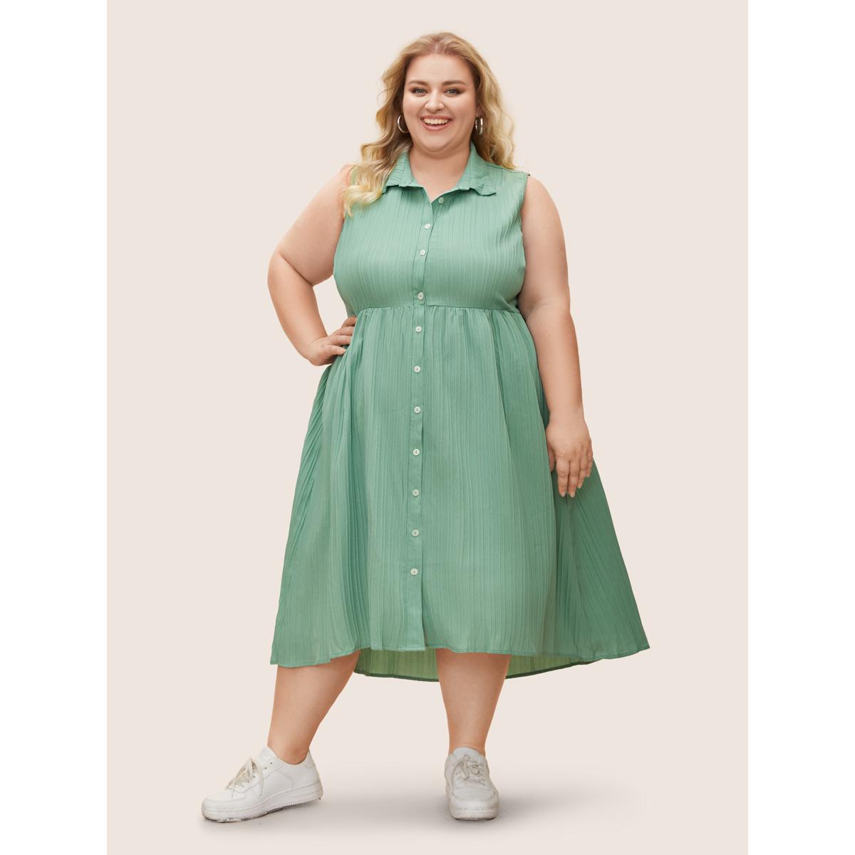 Plus Size Solid Shirt Collar Ruffle Pocket High Low Hem Button Up Dress Mint Women Office Non Polo Sleeveless Curvy Midi Dress BloomChic 14-16/1X Product Image