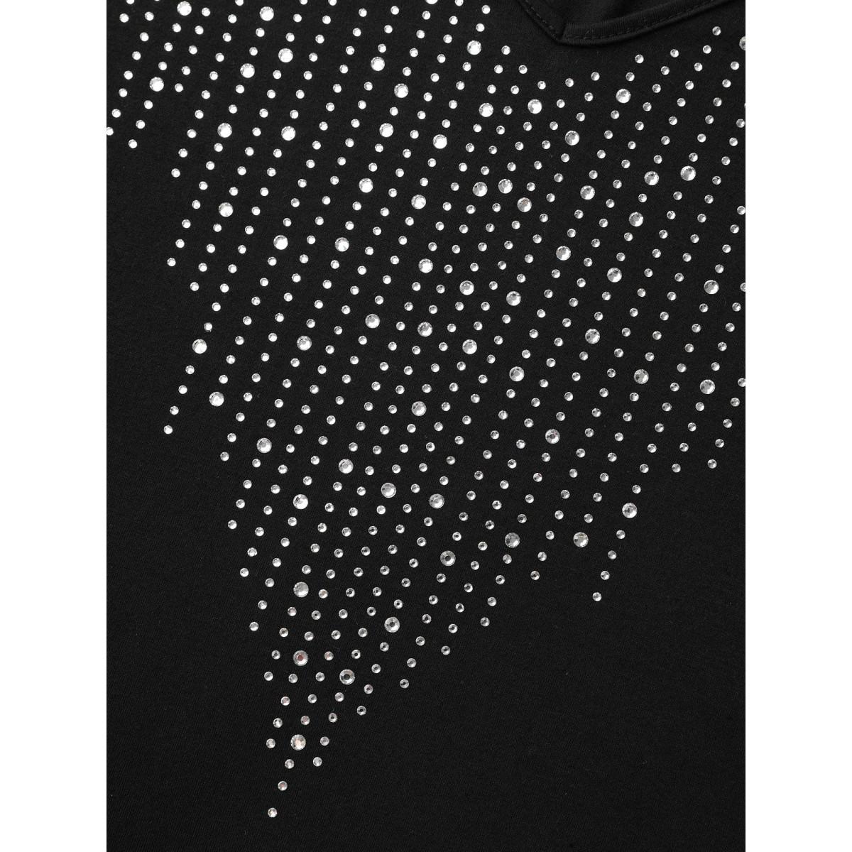 Plus Size V-Neck Rhinestone Stretchy T-Shirt Black Women Elegant Rhinestone detailing V-neck Everyday T-shirts BloomChic 14-16/1X Product Image