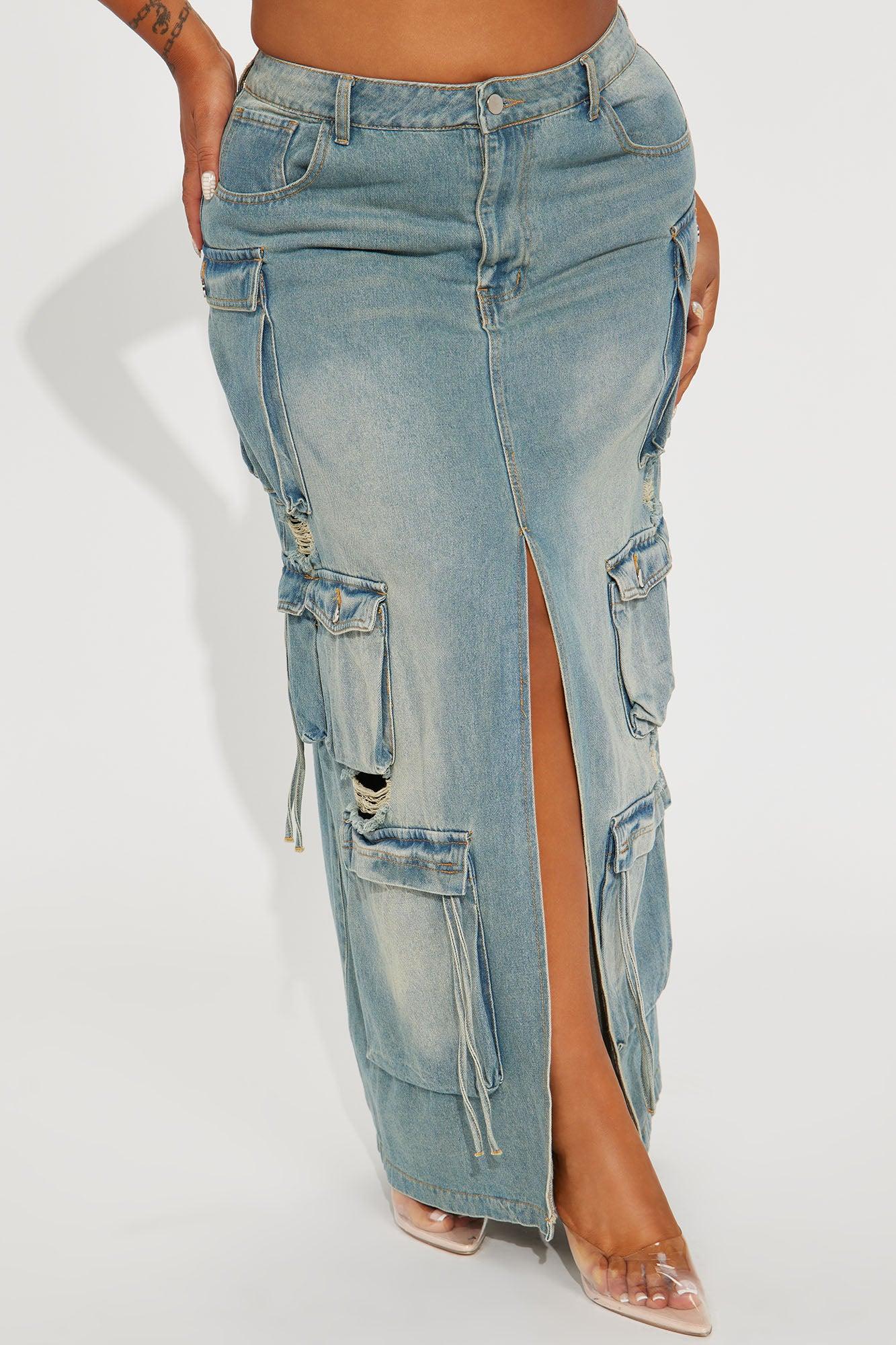 Out Of Town Cargo Denim Maxi Skirt - Medium Wash Product Image