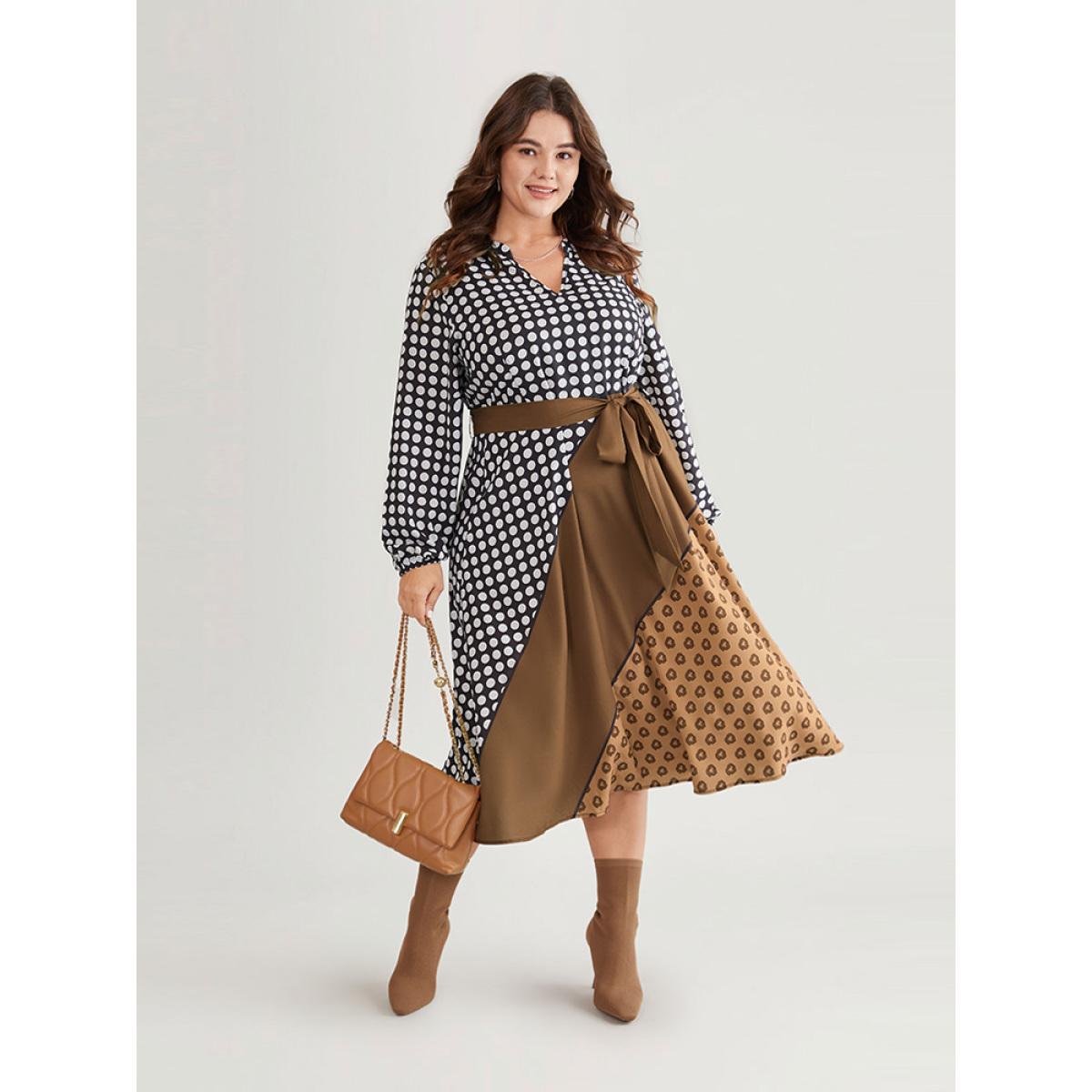 Plus Size Polka Dot Patchwork Colorblock Belted Notched Dress Multicolor Women At the Office Elastic cuffs Notched collar Long Sleeve Curvy Midi Dress BloomChic 30/6X Product Image