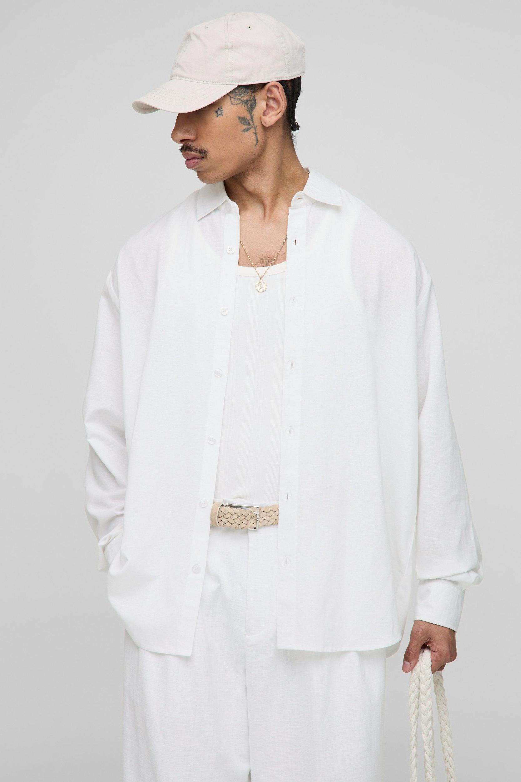 Super Oversized Linen Blend Pleated Back Shirt & Baggy Trouser | boohooMAN USA Product Image