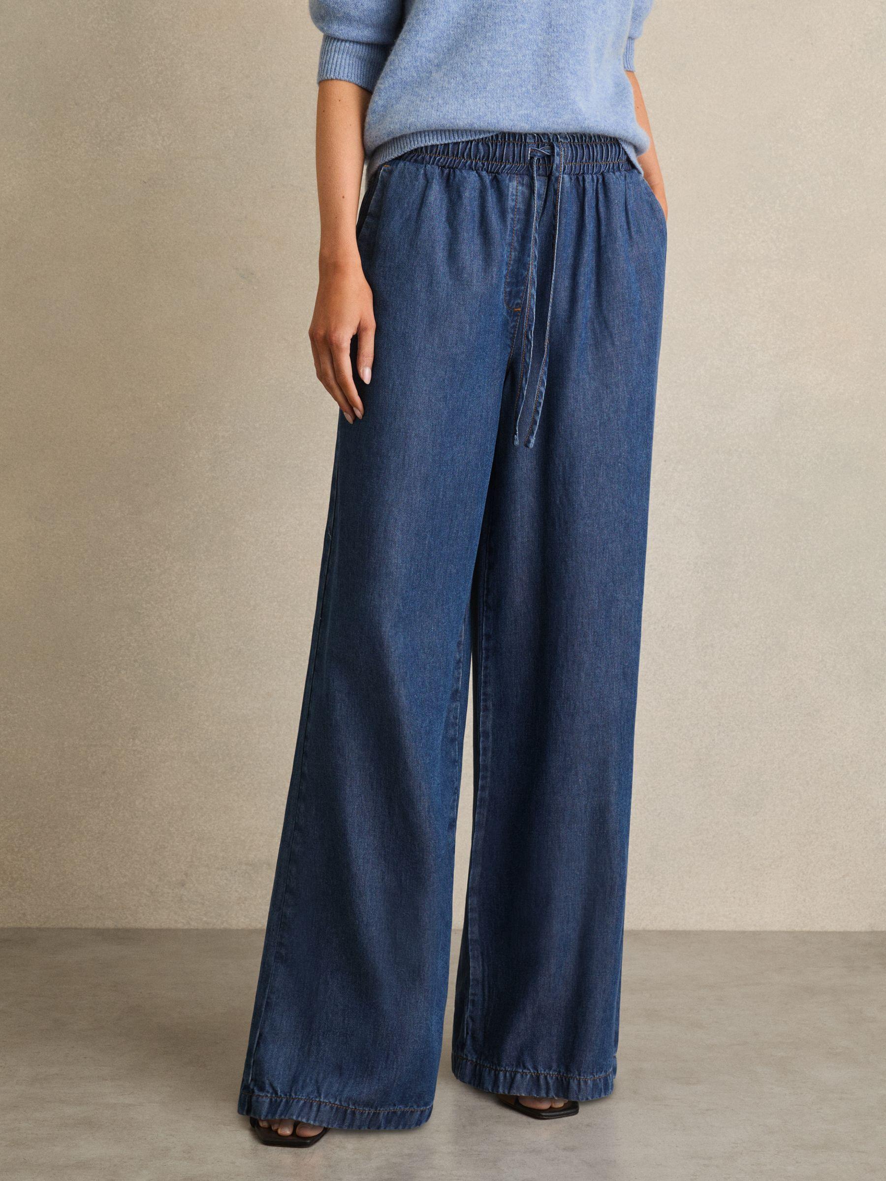 Petite Wide-Leg Chambray Drawstring Trousers in Mid Blue Product Image