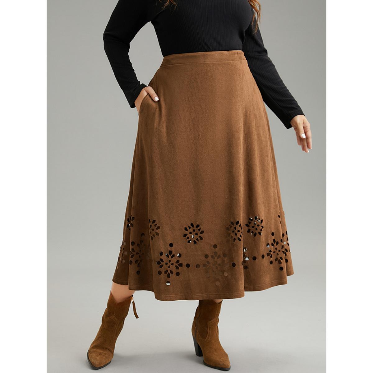 Plus Size Plain Elastic Waist Pocket Laser Cut Skirt Women DarkBrown Office Plain No stretch Pocket Work Skirts BloomChic 30/6X Product Image