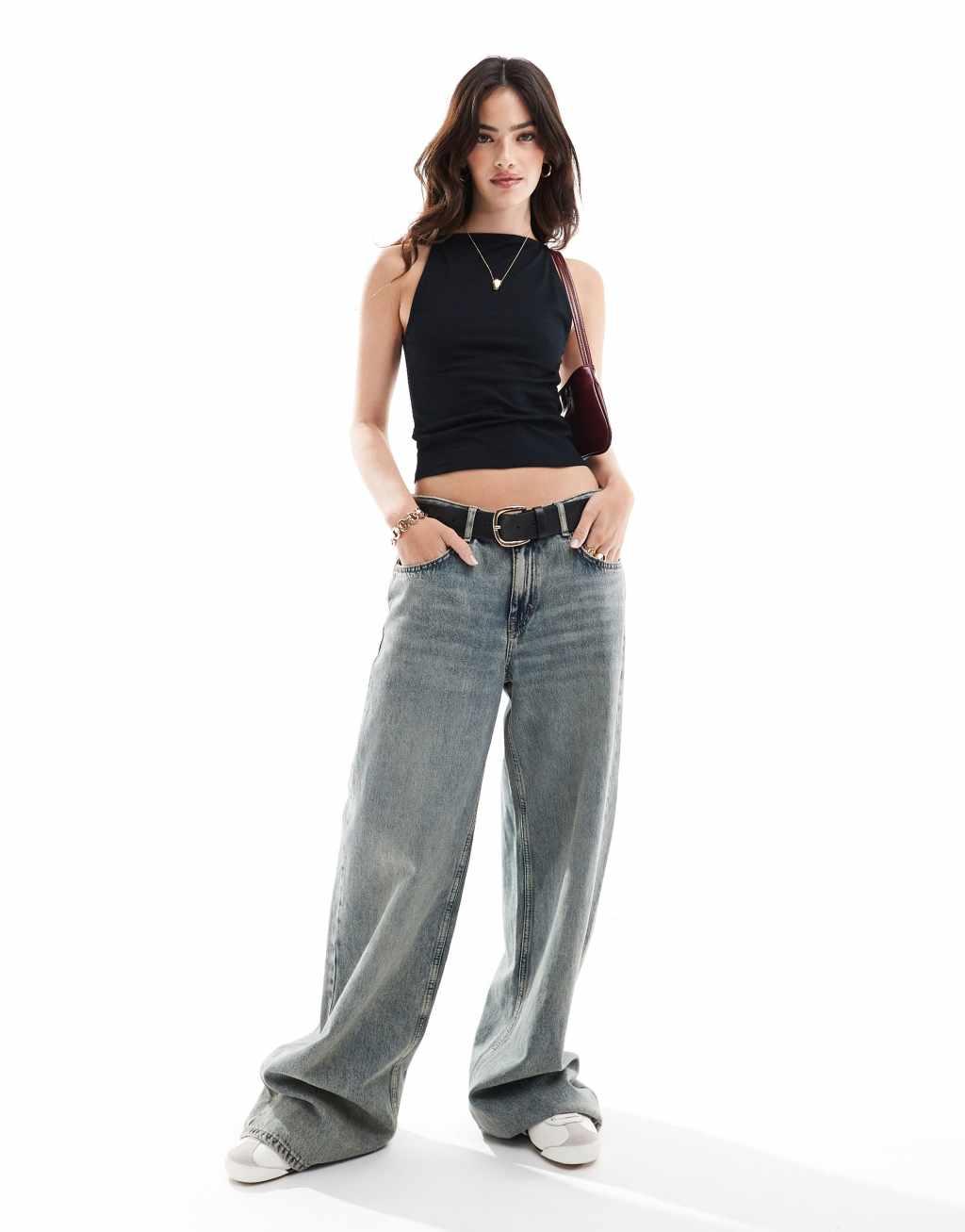 ASOS DESIGN double layer 90s boat neck strappy top in black Product Image