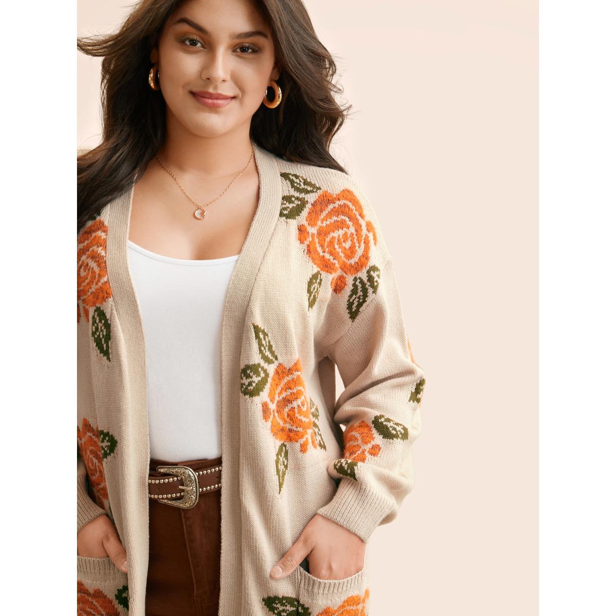 Plus Size Floral Texture Patch Pocket Cardigan LightBrown Women Casual Loose Long Sleeve Everyday Cardigans BloomChic 28/5X Product Image