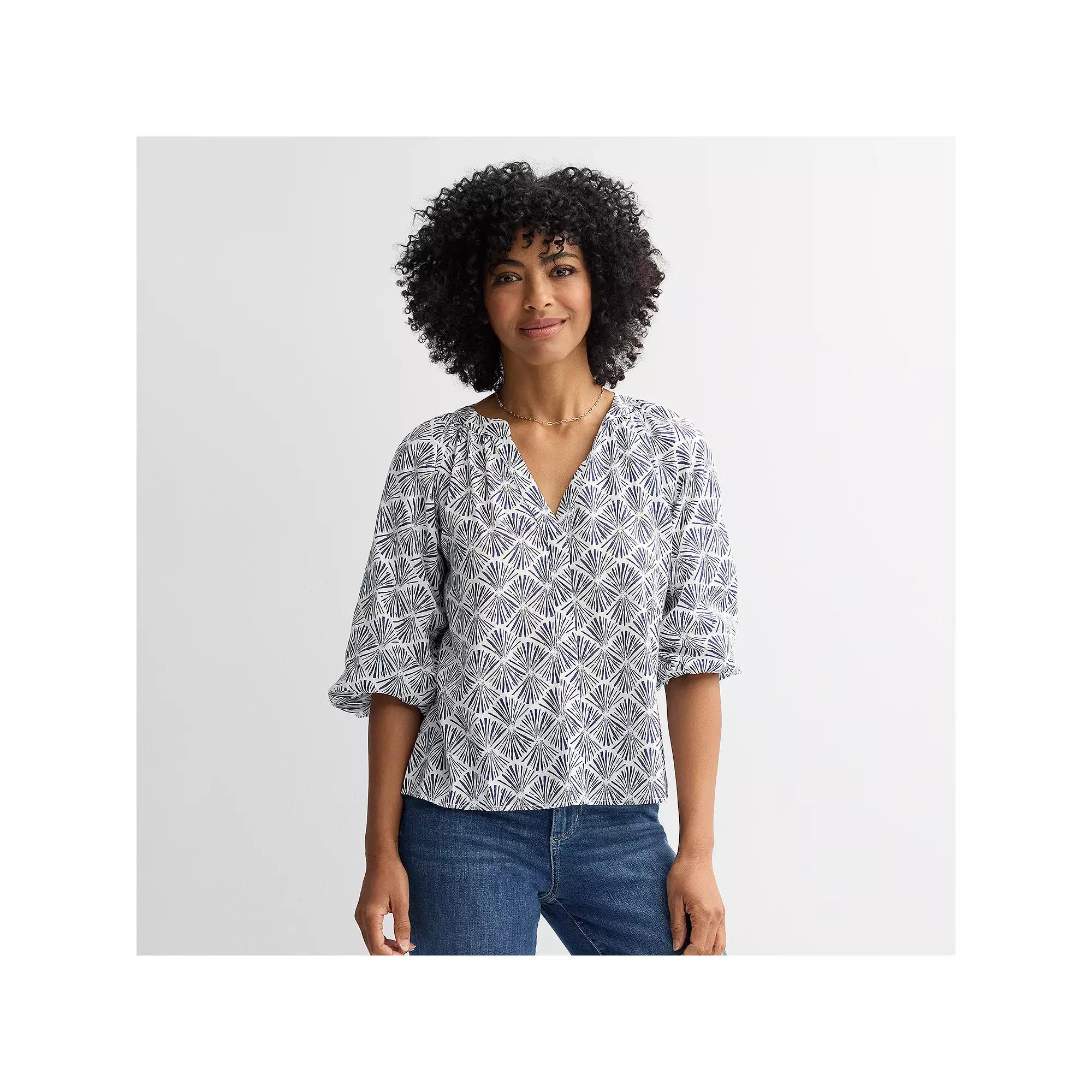 Women's Sonoma Goods For Life® Shirred Balloon Sleeve Y-Neck Top, Size: Large, Navy White Print Product Image