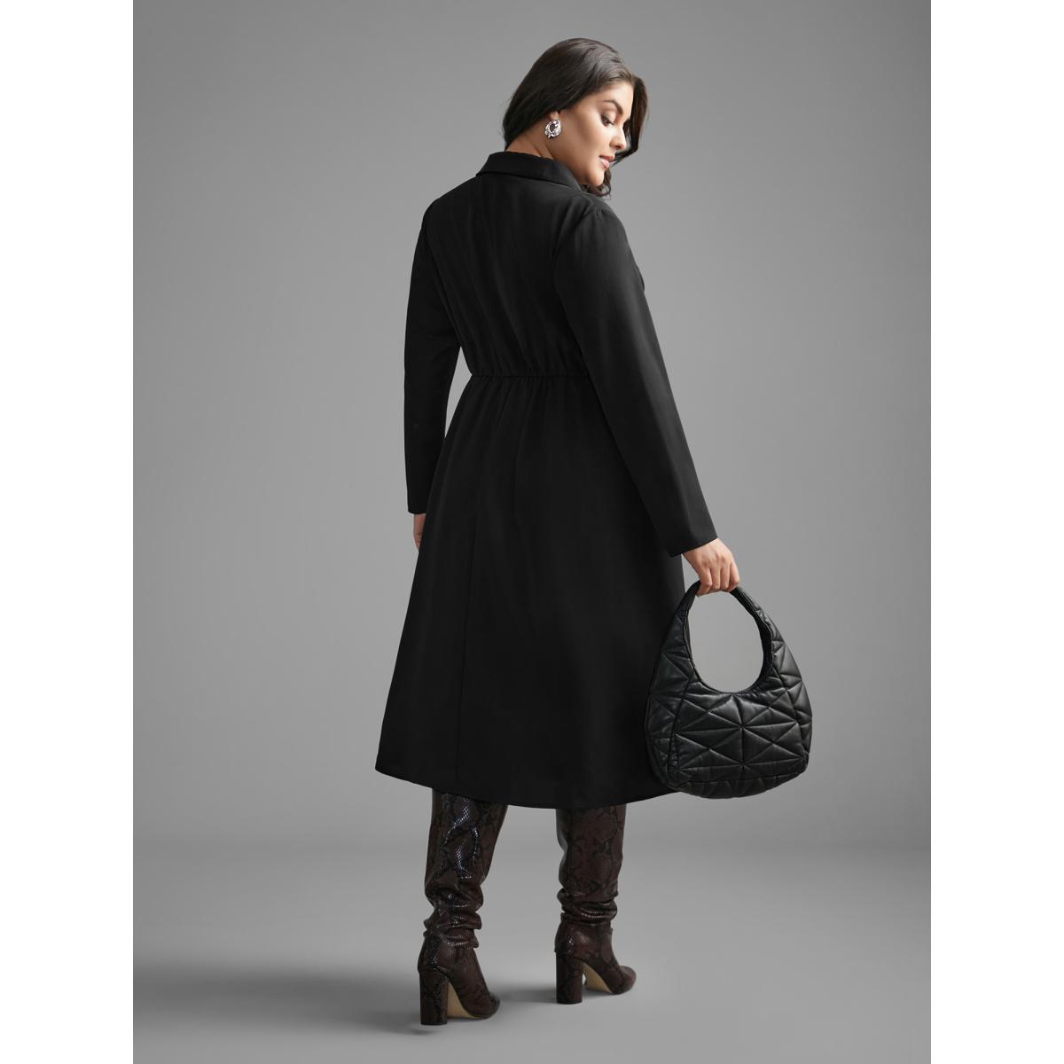 Plus Size Suit Collar Metal Detail Midi Dress Black Women At the Office Overlapping Suit Collar Long Sleeve Curvy BloomChic 28/5X Product Image