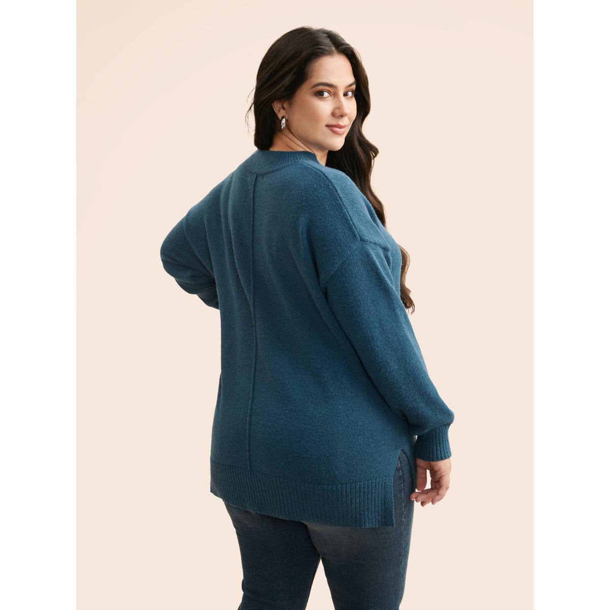 Plus Size Supersoft Essentials Split Wool Pullover Indigo Women Casual Loose Long Sleeve Round Neck Everyday Pullovers BloomChic 26/4X Product Image