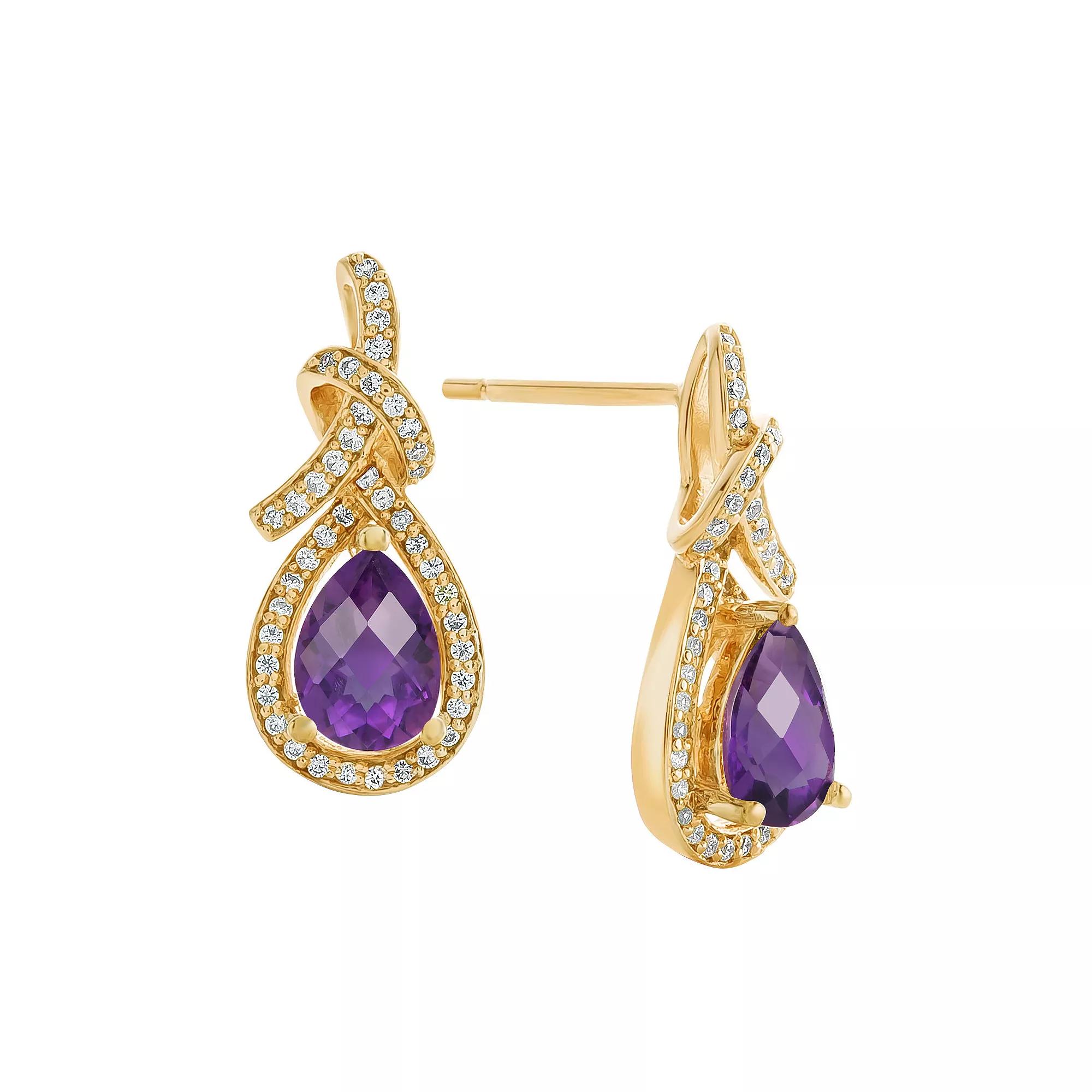 14k Gold Over Silver Amethyst & Lab-Created White Sapphire Teardrop Earrings, Womens, Gold Tone Product Image