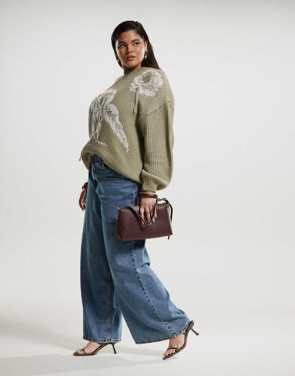 ASOS DESIGN Curve knit rose print oversized crew neck sweater in sage Product Image