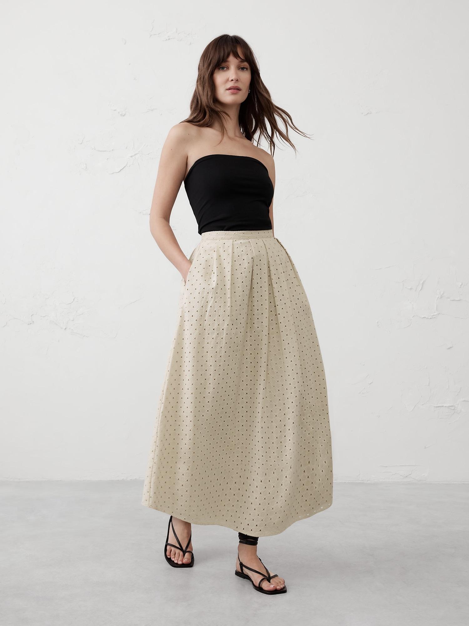 Pleated Eyelet Midi Skirt Product Image