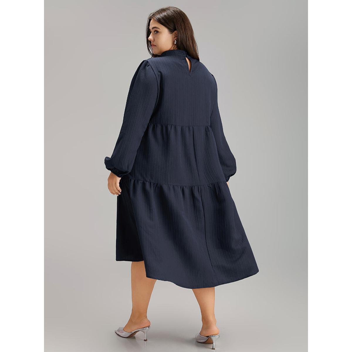 Plus Size Solid Cut Out Lantern Sleeve Dress DarkBlue Women Elegant Elastic cuffs Keyhole Cut-Out Long Sleeve Curvy Midi Dress BloomChic 14-16/1X Product Image