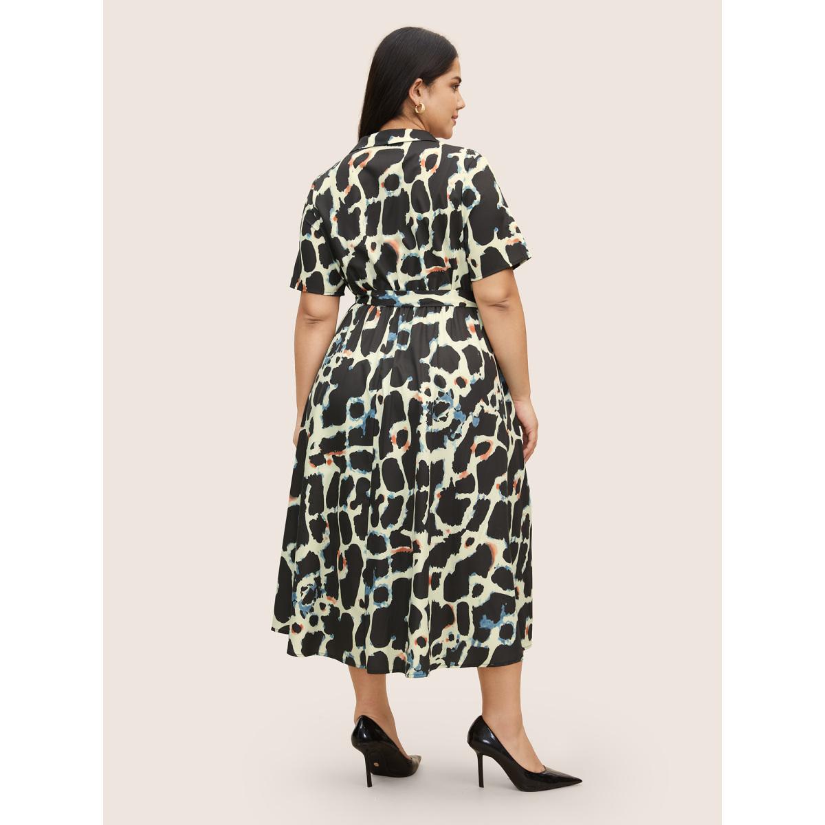Plus Size Overlap Collar Geometric Belted Dress Black Women At the Office Overlapping Overlap Collar Short sleeve Curvy BloomChic 18-20/2X Product Image