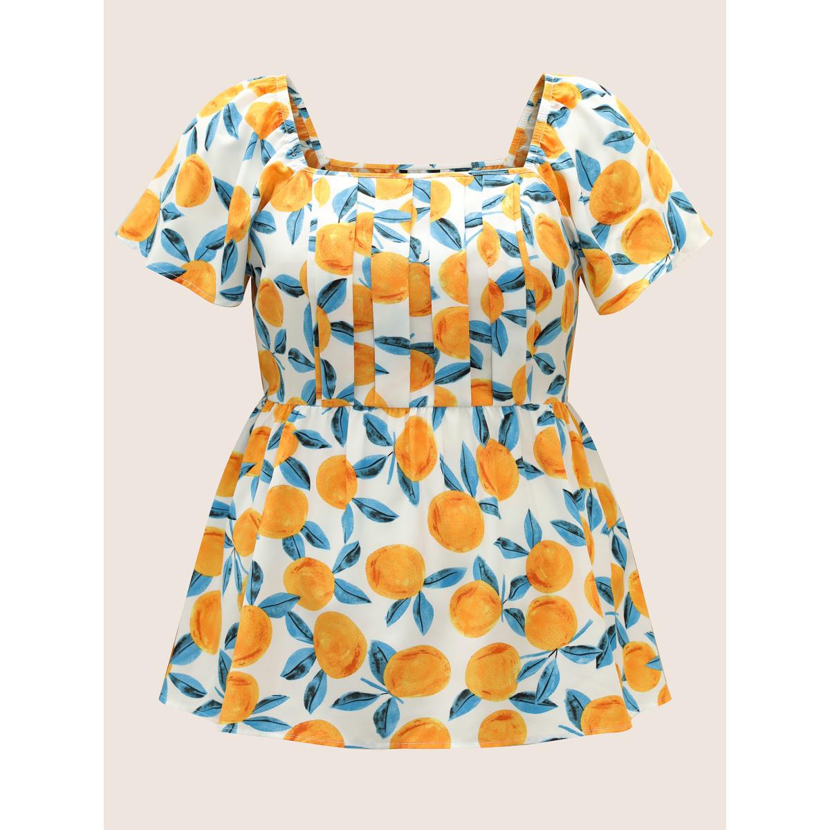 Plus Size Ivory Citrus Square Neck Orange Print Pleated Blouse Women Elegant Short sleeve Square Neck Everyday Blouses BloomChic 12/L Product Image