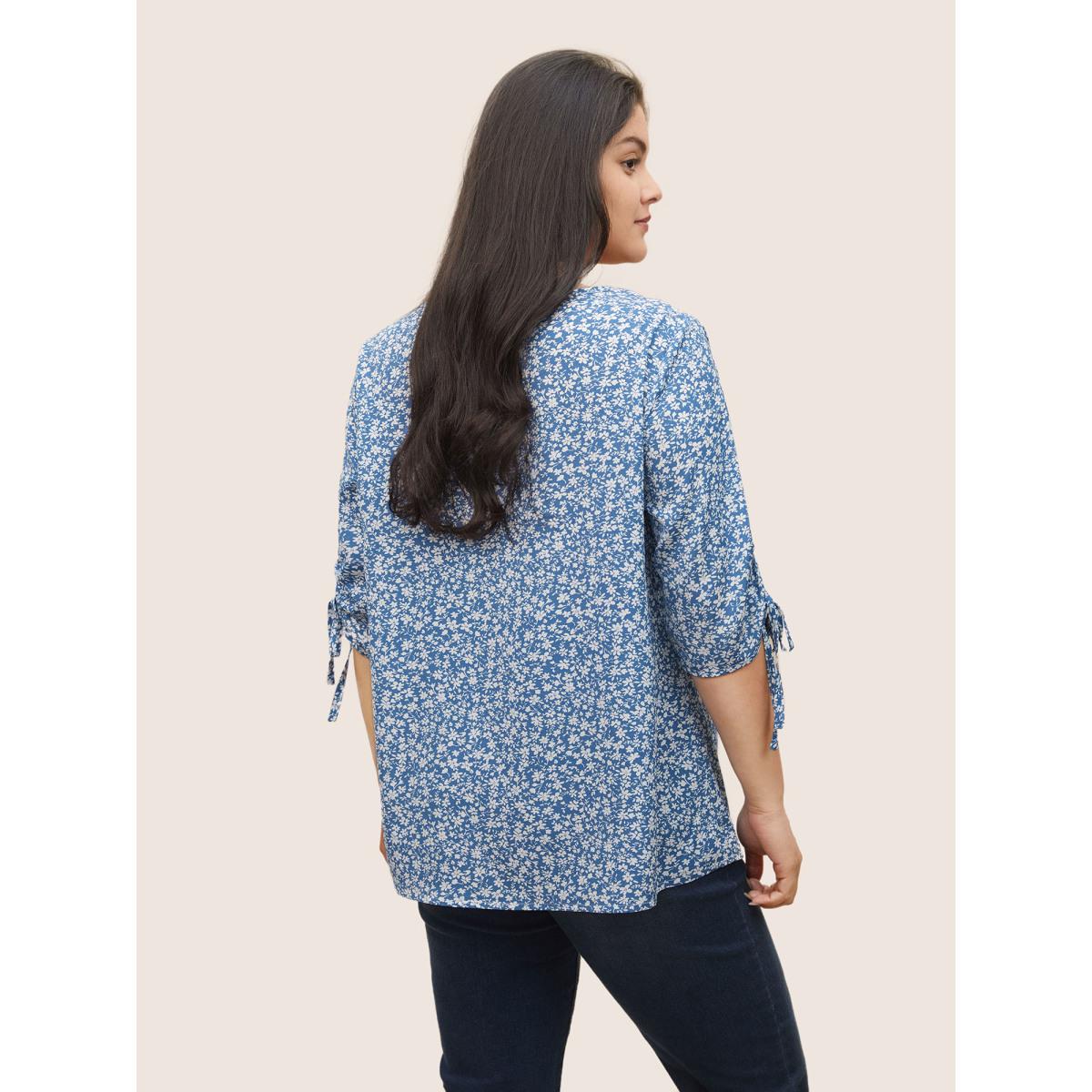 Plus Size Cerulean Ditsy Floral Knot Ties Sleeve Blouse Women Elegant Elbow-length sleeve V-neck Everyday Blouses BloomChic 10/M Product Image