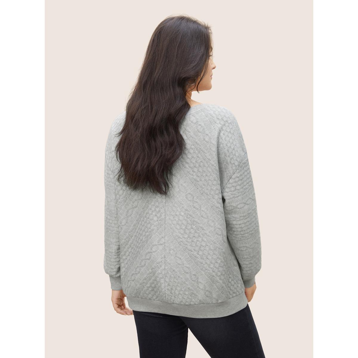 Plus Size Solid Plisse V Neck Drop Shoulder Sweatshirt Women Gray Casual Texture V-neck Everyday Sweatshirts BloomChic 10/M Product Image