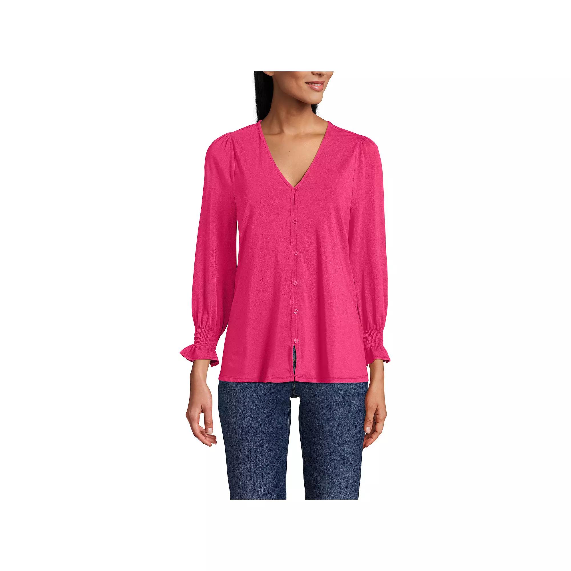 Women's Lands' End 3/4 Sleeve Lightweight Jersey Button Front Top,  Product Image