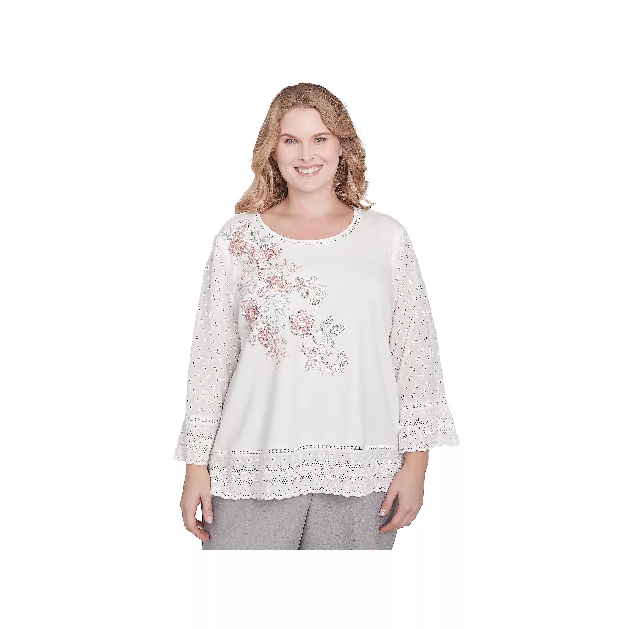 Plus Size Alfred Dunner Embroidered Floral Eyelet Trim Top, Women's, Size: 3XL, Oyster Product Image