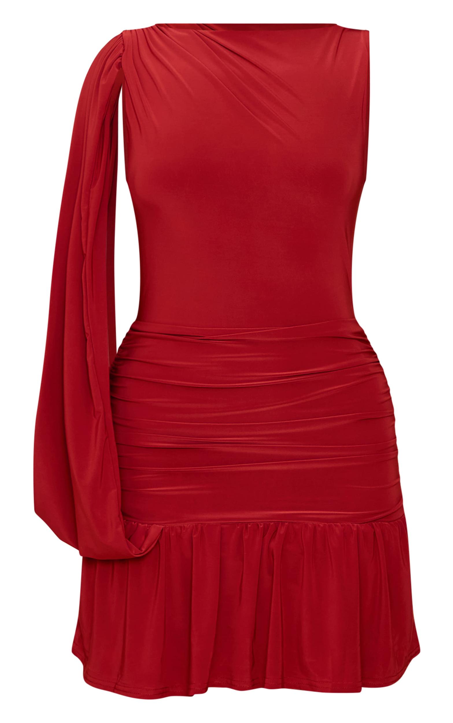 Burnt Orange Double Layer Slinky Ruched One Shoulder Mini Dress Product Image