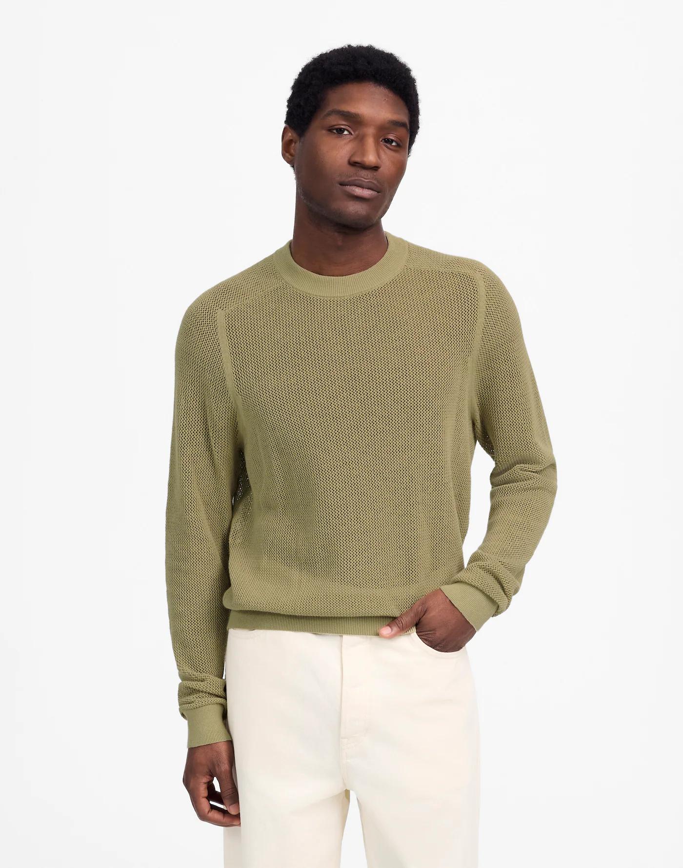 Mesh-Knit Crewneck Sweater in Lightweight Cotton-Linen Blend Product Image