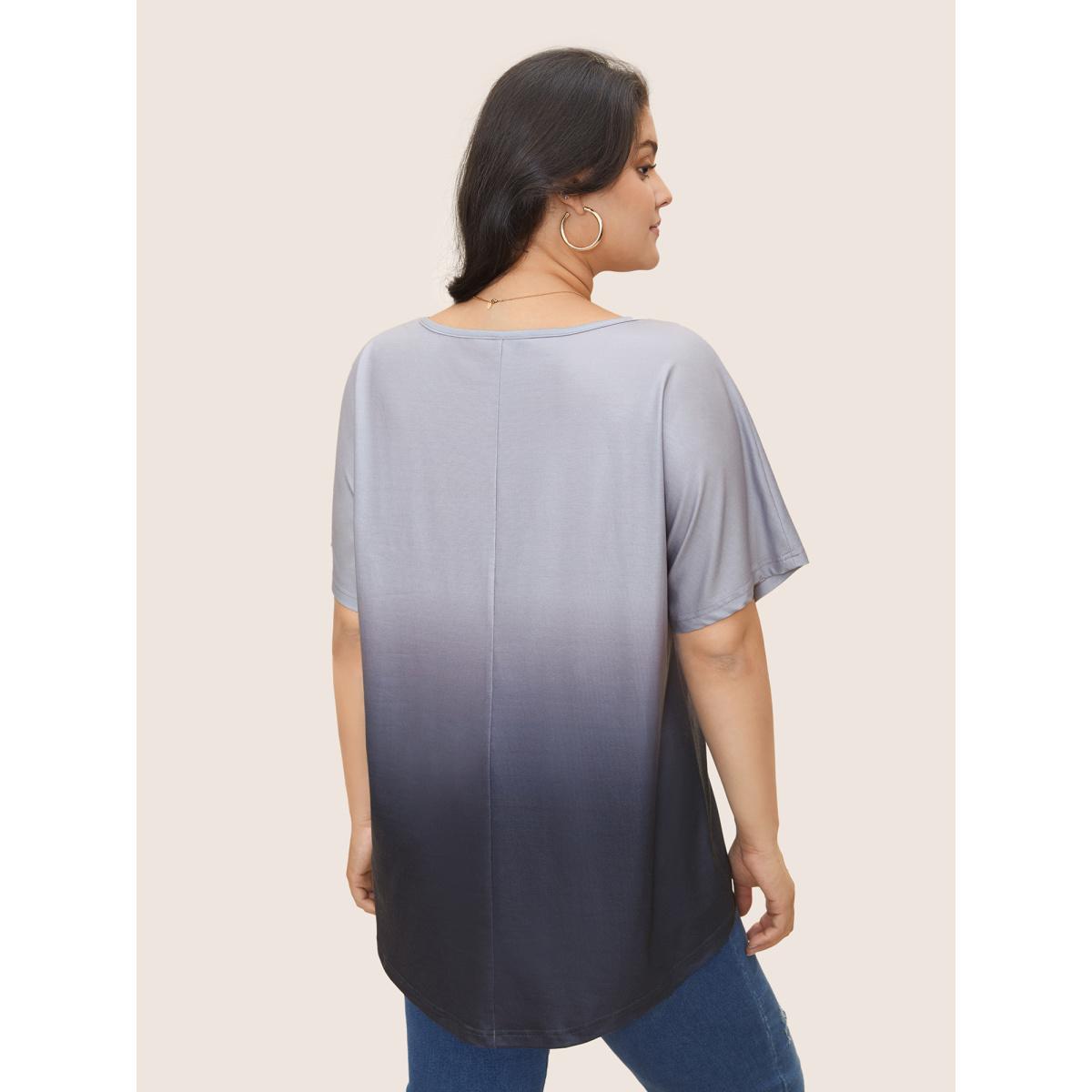 Plus Size Ombre Round Neck Batwing Sleeve T-shirt Gray Women Casual U-neck Everyday T-shirts BloomChic 10/M Product Image