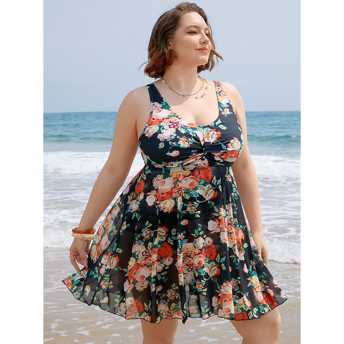 Plus Size Floral Ruffle Hem Twist Ruched Swim Dress Women's Swimwear BlackFlower Vacation Bodycon V-neck High stretch Curve Swim Dresses BloomChic 26/4X Product Image