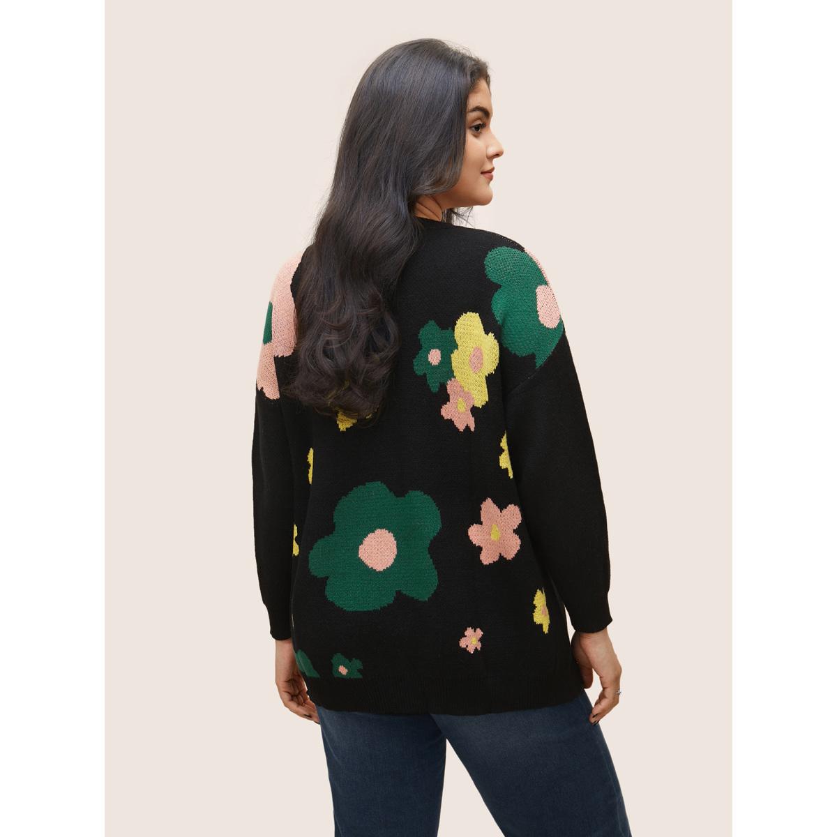 Plus Size Supersoft Essentials Colour Floral Drop Shoulder Pullover Black Women Casual Loose Long Sleeve Round Neck Everyday Pullovers BloomChic 14-16/1X Product Image
