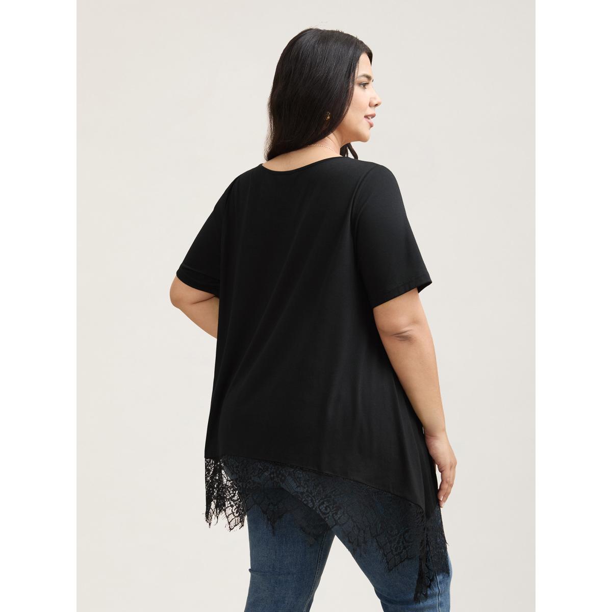 Plus Size Lace Trim Round Neck Casual T-Shirt Black Women Elegant Patchwork Round Neck Loose Everyday T-shirts BloomChic 14-16/1X Product Image