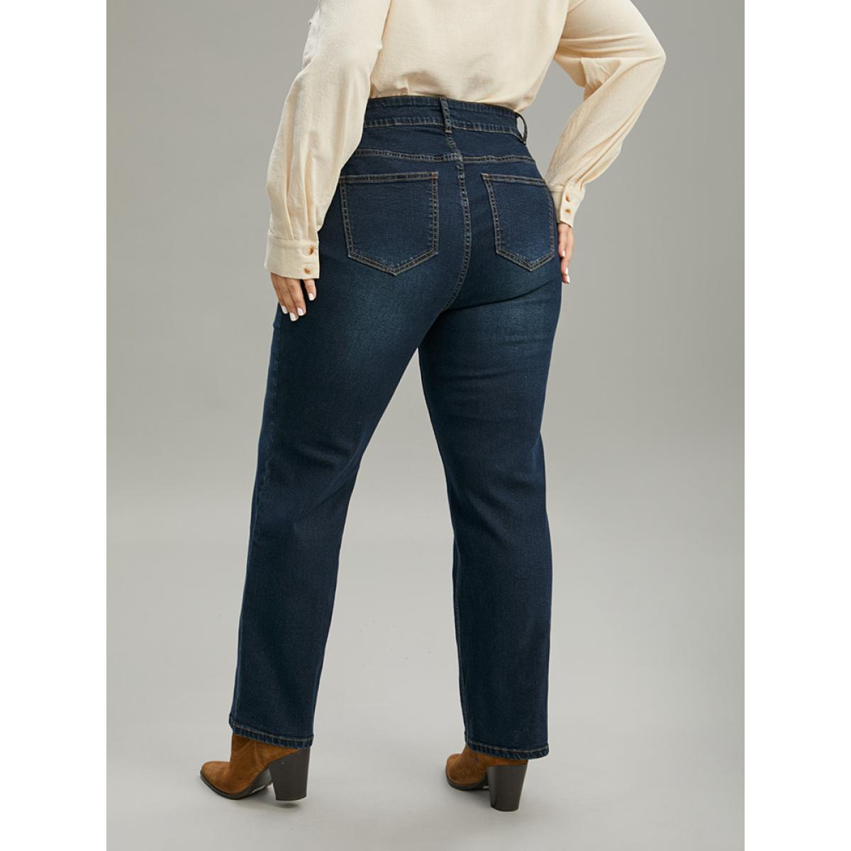 Plus Size Zipper Fly Straight Leg High Rise Jeans Women Indigo Casual Plain Plain High stretch Pocket Jeans BloomChic 20/2X Product Image