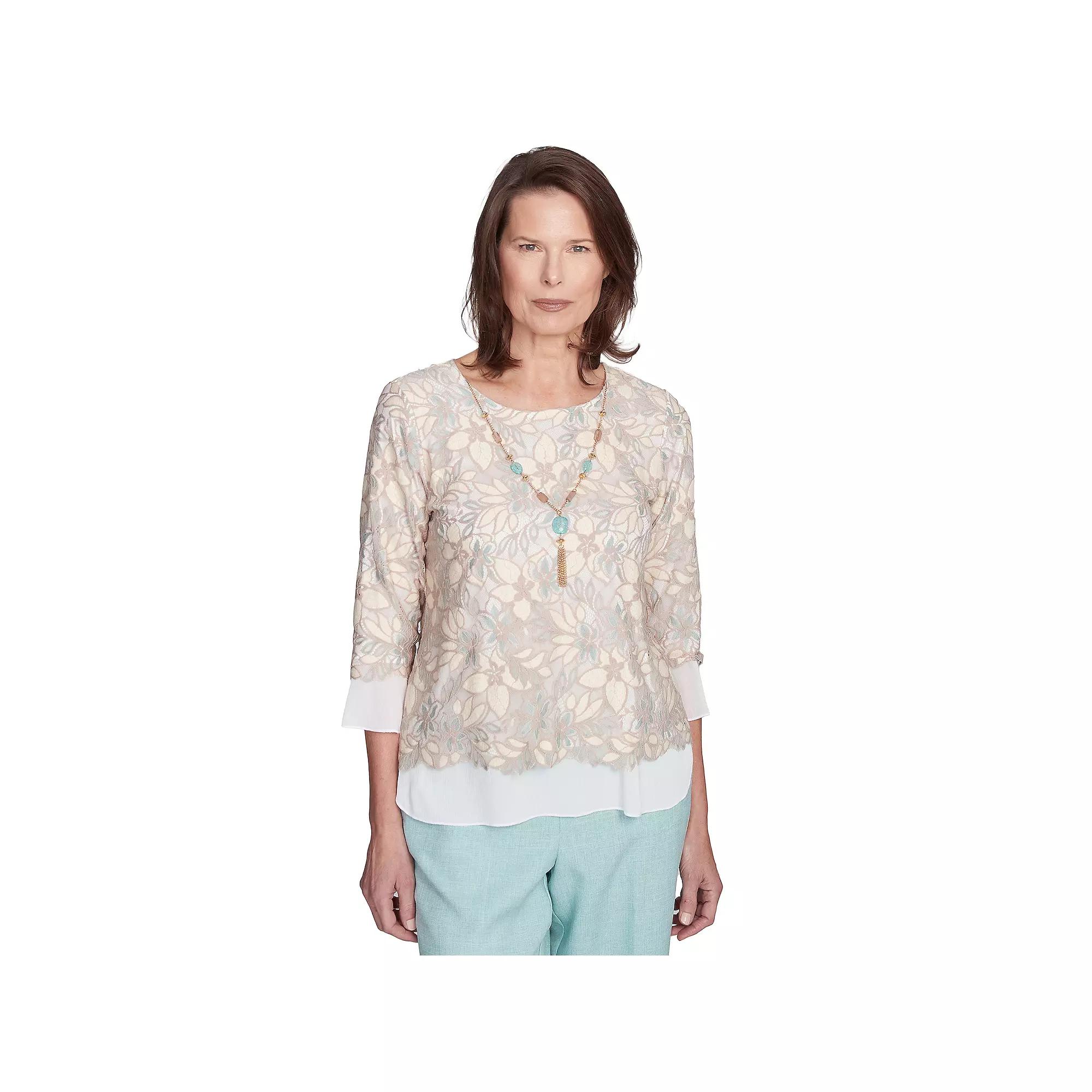 Petite Alfred Dunner Floral Lace Woven Trim Top with Necklace, Women's,  Product Image