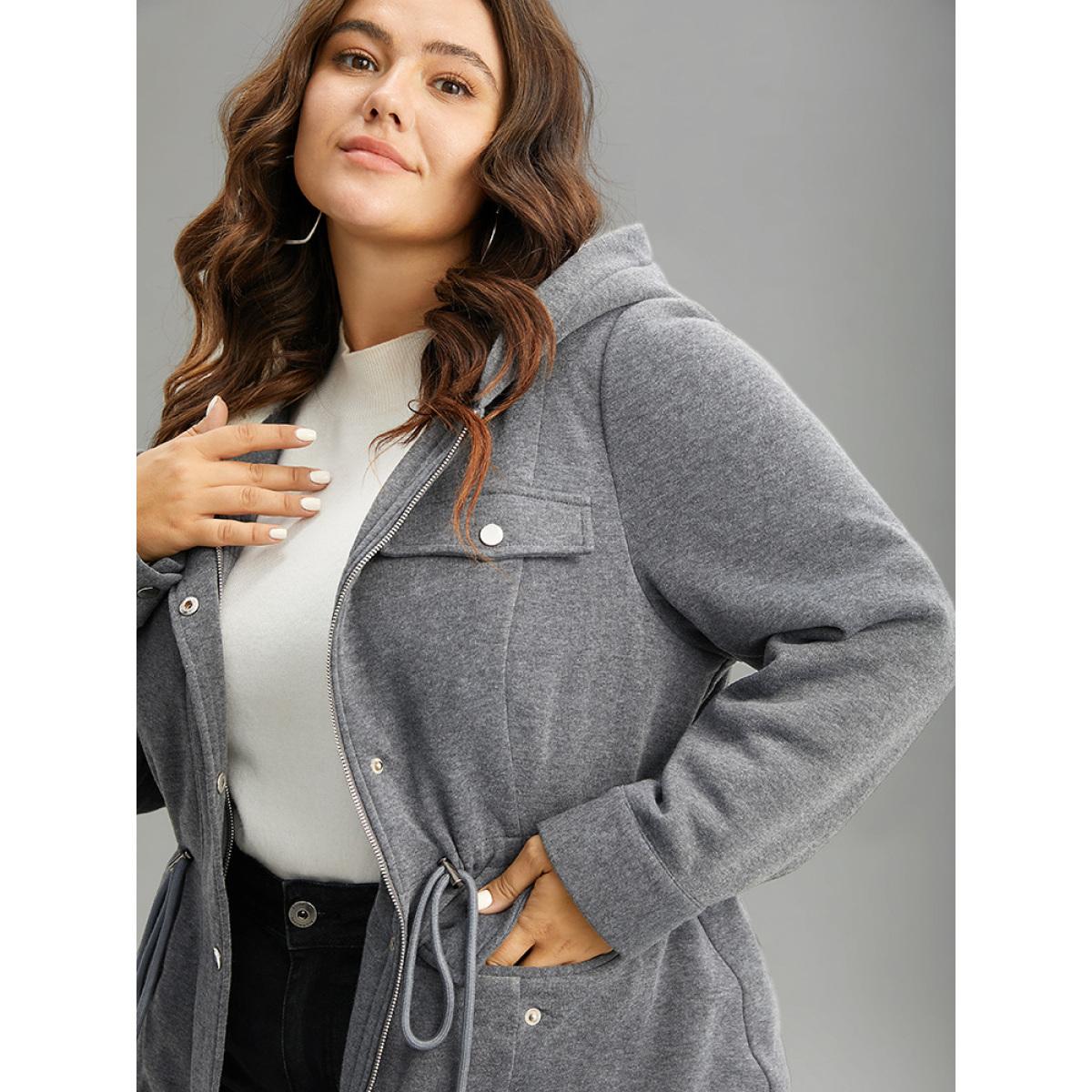 Plus Size Solid Zipper Button Through Hooded Fluffy Coat Women DimGray Casual Lined Ladies Dailywear Winter Coats BloomChic 18-20/2X Product Image