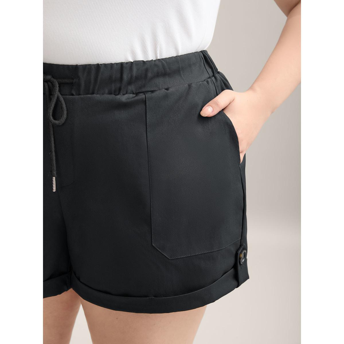 Plus Size Rolled Hem Straight-Leg Drawstring Shorts Women Black Casual Roll Hem Straight Leg Casual Shorts BloomChic 10/M Product Image