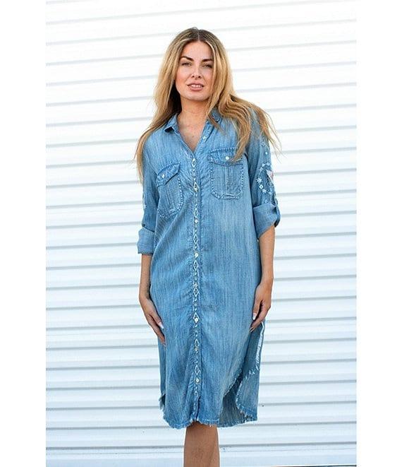 Karyn Seo Isa Floral Embroidered Spread Collar Roll-Tab Long Sleeve Button Front Midi Shirt Dress Product Image