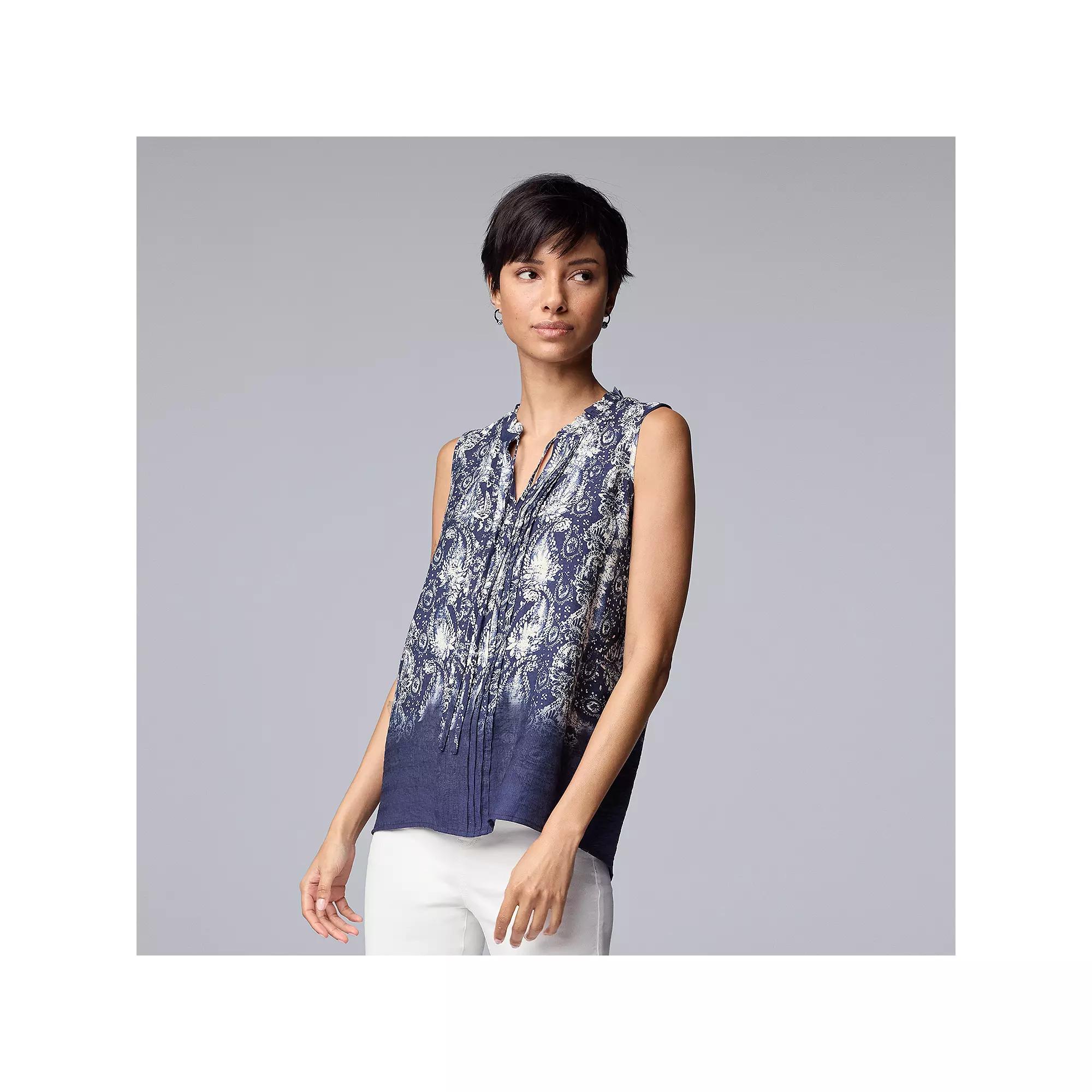 Women's Simply Vera Vera Wang Tie-Front Pintuck Sleeveless Shell Top, Size: Small, Dark Blue Bandana Product Image