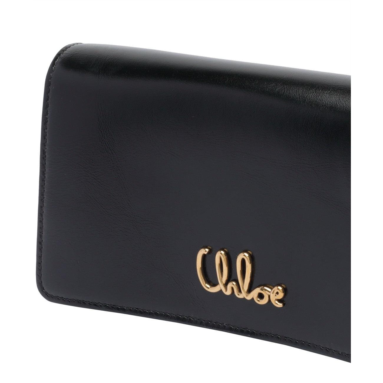 CHLOÉ Iconic Flap Wallet On Chain In Shiny Calfskin In Black Product Image